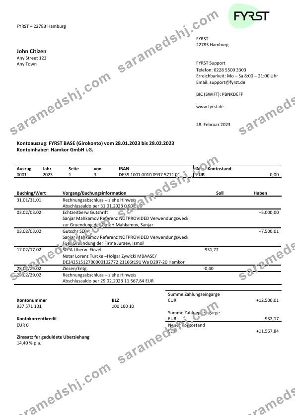 Germany Fyrst bank statement Word and PDF template